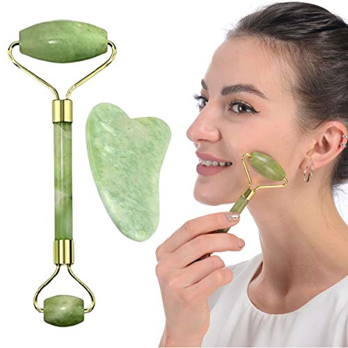 Product Cover Jade Roller and Gua Sha Face Facial Roller for Face Massager Tool - Anti-Aging Treatment for Eyes Neck Massager for Beautiful Skin Care - Reduce Wrinkles and Fine Lines