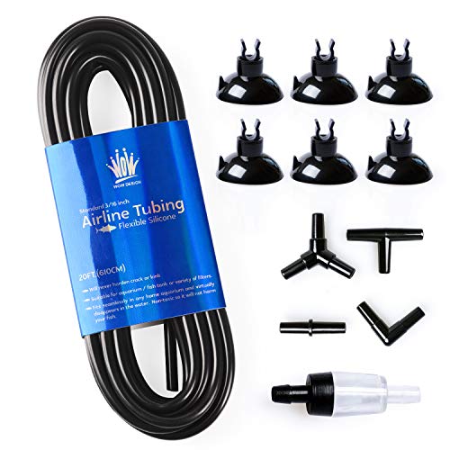 Product Cover WOW Design 3/16-Inch Professional Flexible Silicone Airline Tubing Standard Aquarium Air Pump Accessories with Check Valves, Suction Cups and Connectors, 20 Feet (Clear-Black)