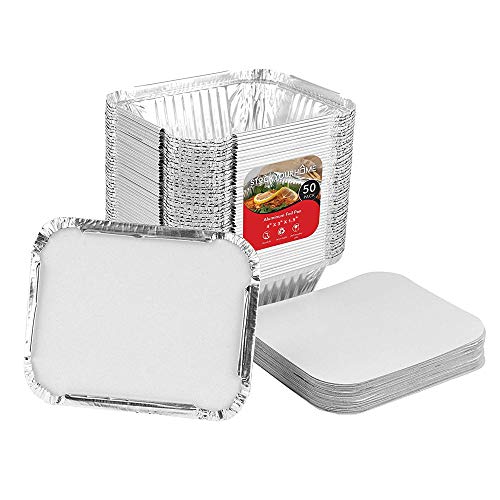Product Cover 50 Pack Disposable Takeout Containers with Foil Lids - 1 Lb Capacity Aluminum Foil to Go Food Containers - Secure Lid to Lock in Freshness - Eco Friendly Recyclable Aluminum Pans - 4