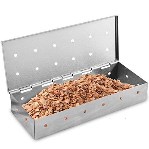 Product Cover Kaluns BBQ Smoker Box for Wood Chips - Great for Use on Your Gas or Charcoal Grill to add Delicious Smoked Flavor to Your Meat - Hinged Lid - Thick Stainless Steel WARP Free Grilling Accessory