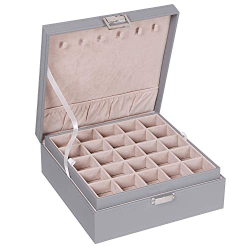 Product Cover BEWISHOME Earring Organizer Box for Cufflinks, Rings, Pendants, Chains - 50 Slots Case, 6 Necklace Hooks, 2 Stackable Trays - Earring Jewelry Box for Women Girls, Grey SSH11H