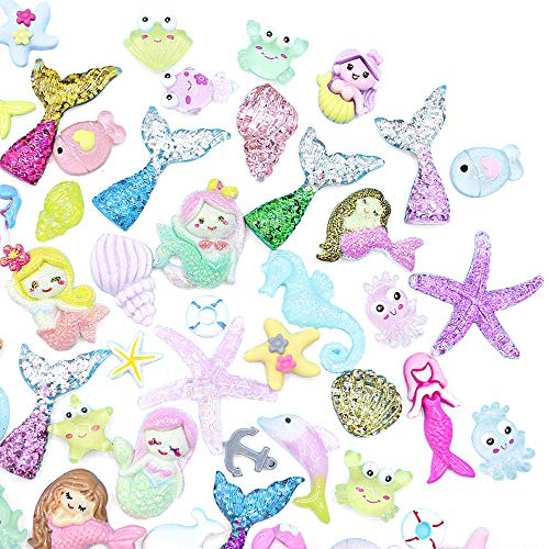 Product Cover 50pcs Cute Slime Charms of Mixed Mermaid Tail Dolphin Shell Starfish Boat Resin Flat Back Embellishments for DIY Scrapbooking Crafts