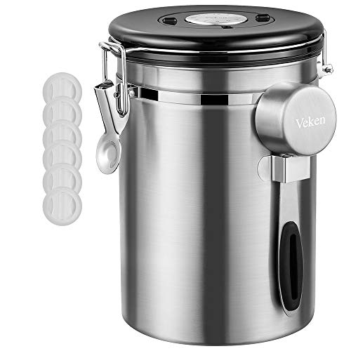 Product Cover Veken Coffee Canister, Airtight Stainless Steel Kitchen Food Storage Container with Date Tracker and Scoop for Beans, Grounds, Tea, Flour, Cereal & Sugar,22 oz, Silver
