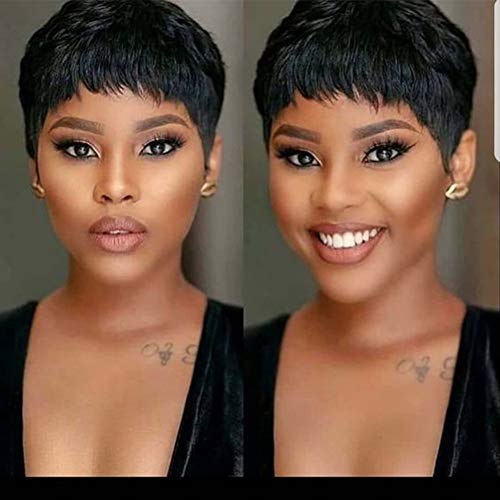 Product Cover WIGNEE Short Layered Human Hair Wig Pixie Cut with Bangs Black Brazilian Hair None Lace Women Wigs (Short-Natural Black)