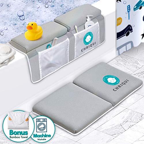 Product Cover Bath Kneeler with Elbow Rest Pad Set, 1.5 inch Thick Kneeling Pad and Elbow Support for Knee & Arm Support Large Bathtub Kneeling Mat with Toy Organizer for Happy Bathing Time - Bonus Bamboo Towel