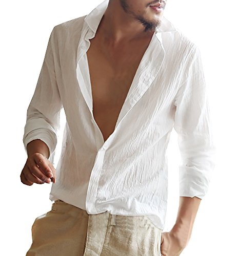 Product Cover Mens Linen Button Up Shirts Casual Long Sleeve Loose Fit Beach Shirts