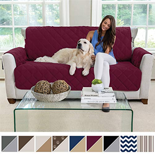 Product Cover MIGHTY MONKEY Premium Reversible Small Sofa Protector for Seat Width up to 62 Inch, Furniture Slipcover, 2 Inch Strap, Couch Slip Cover Throw for Pets, Dogs, Kids, Cats, Sofa, Merlot Sand