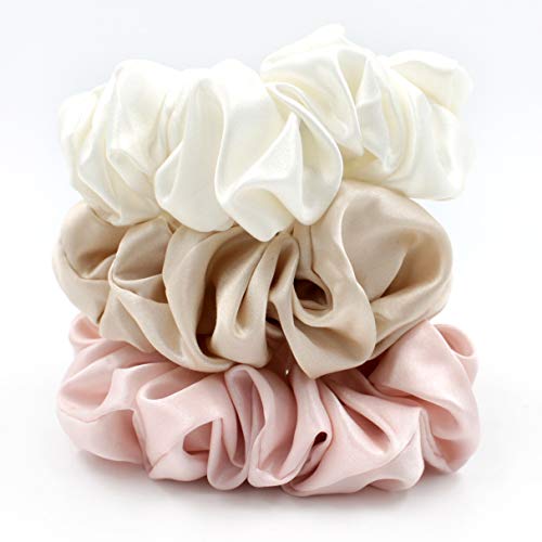 Product Cover Mulberry Park Silks - Large - Ivory/Pink/Sand (3 Pack) - 100% Pure Silk Hair Scrunchies - Gentle On All Hair Types - OEKO-TEX Certified