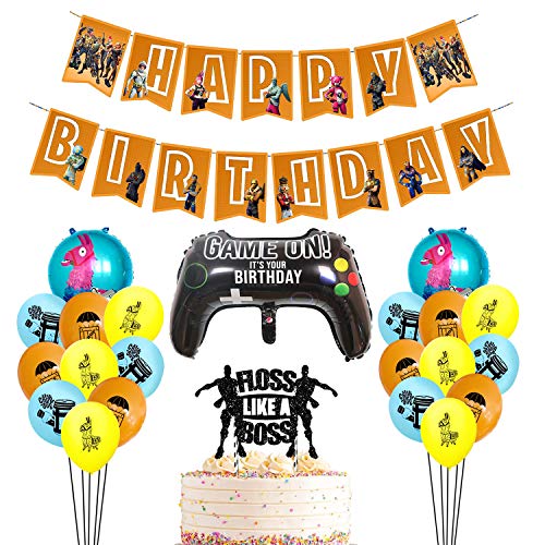 Product Cover Decembre Video Game Party Supplies Includes Cake Topper - 18 Latex Baloons - 3 Foil Baloons - Unique Happy Birthday Banner Perfect Battle Royale Gamer Decorations Favors for Kids. (Orange)