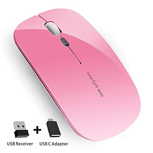 Product Cover Picktech Q5 Slim Rechargeable Wireless Mouse, 2.4G Portable Optical Silent Ultra Thin Wireless Computer Mouse with USB Receiver and Type C Adapter, Compatible with PC, Laptop, Desktop (Pink)
