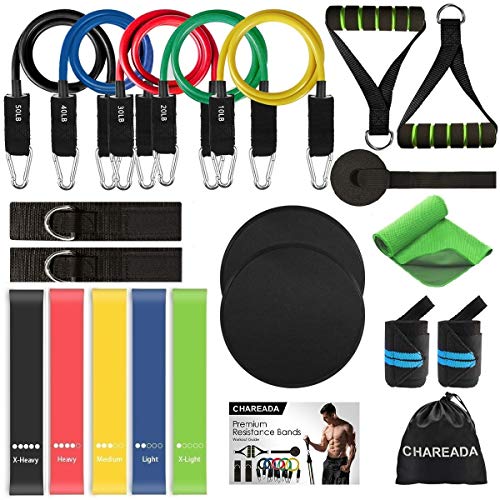 Product Cover CHAREADA 22 Pack Resistance Bands Set Workout Bands, 5 Stackable Exercise Bands 5 Loop Resistance Bands 2 Core Sliders - Door Anchor Handles Ankle Straps Carry Bag Instant Cooling Towel Wrist Wraps