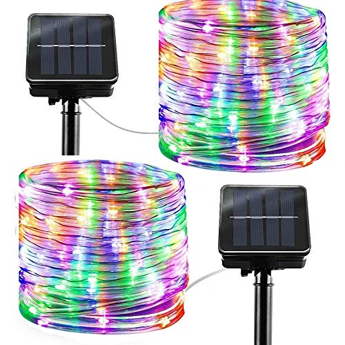Product Cover Solar String Lights Outdoor Rope Lights, 2 Pack 8 Modes 100 LED Solar Powered Outdoor Waterproof Tube Light Copper Wire Fairy Lights for Garden Fence Yard Summer Party Decor (Multi Color)