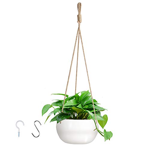 Product Cover GROWNEER 7 Inches Ceramic Hanging Planter with 2 Hooks, White Porcelain Wall Hanging Plant Holder Flower Pot with 3 Jute Ropes for Home Decoration, Gift, Garden, Indoor Outdoor Use