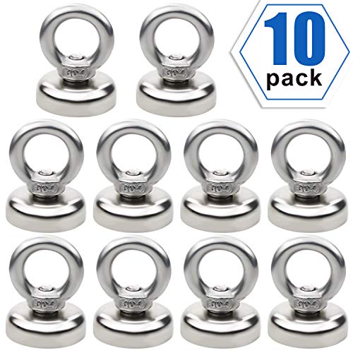 Product Cover Fishing Magnets, 40 Lbs (18 KG) Pulling Force Magnetic Hooks with Countersunk Hole Eyebolt for Home, Kitchen, Workplace, Office, Garage，Retrieving in River and Magnetic Fishing - Pack of 10