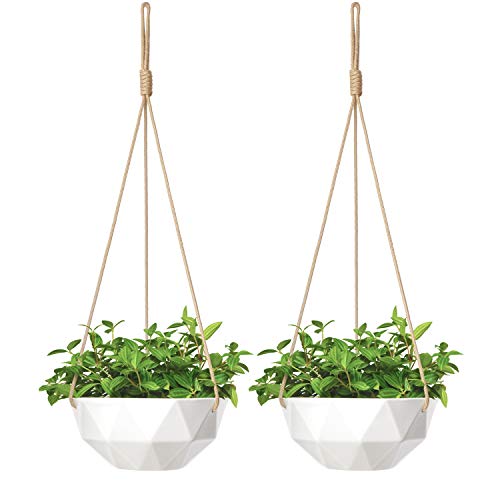 Product Cover Mkono 2 Pack Ceramic Hanging Planter Indoor Outdoor Modern Geometric Flower Plant Pot 9 Inch Porcelain Hanging Basket with Polyester Rope Hanger for Herbs Ivy Crawling Plants, White