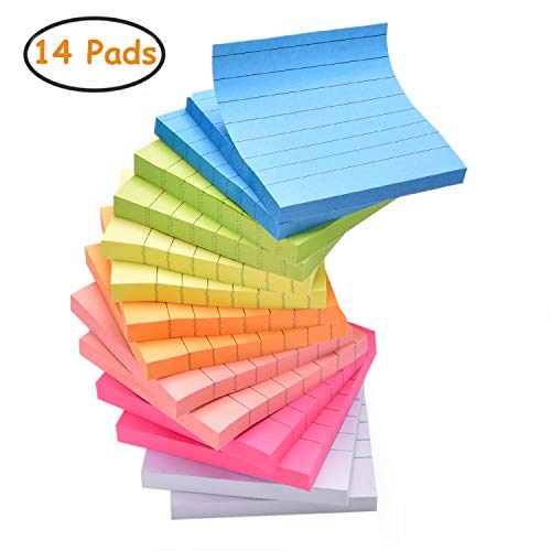 Product Cover Sticky Note Pads 14 Pads Lined 3x3 inches Sticky Notes 7 Bright Colors Self-Stick Notes with Lines 80 Sheets/Pad Easy Post Individually Wrapped Red Pink Green White Yellow Orange Blue