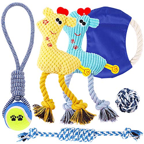 Product Cover Petbobi Dog Toys Set 6 Pack Dog Squeaky Toys Teething Toys Best Puppy Chew Toys Plush Dog Chew Toys Set Rope with Balls for Small Medium Dogs (Blue)
