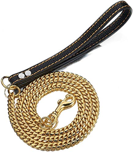 Product Cover Aiyidi Pet Dog Strong Leash Long 2FT 3FT 4FT 18K Gold Metal 12mm Curb Cuban Chain Dog Leashes with Comfortable Genuine Leather Handle (Gold,24inch)