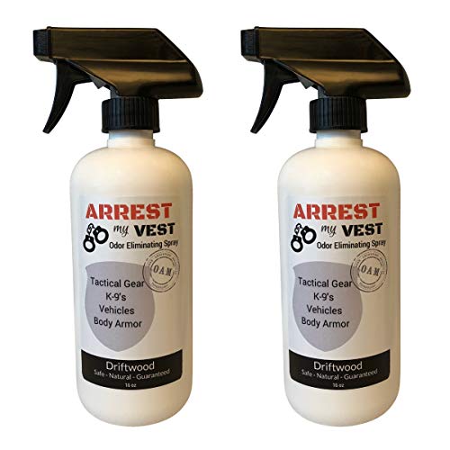 Product Cover Arrest My Vest Military and Police Grade Odor Eliminating Spray for Body Armor Odor, Tactical Gear. Safe on K9's. Safe on All Ballistic Vests and Fabrics - New Driftwood Fragrance - 2 16 oz Bottles
