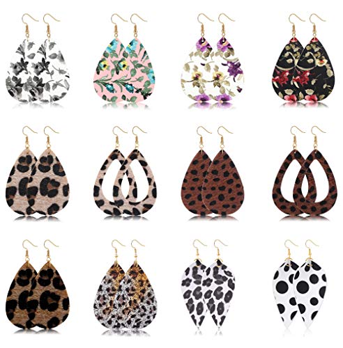 Product Cover Hanpabum 12 Pairs Teardrop Leather Dangle Earrings for Women Girls Lightweight Leopard Print Dangle Earrings Set Fashion Jewelry