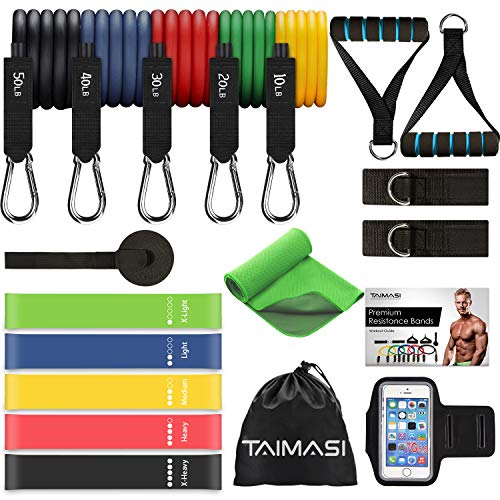 Product Cover TAIMASI 19PCS Resistance Bands Set Workout Bands, 5 Stackable Exercise Bands with Handles, 5 Resistance Loop Bands, Cooling Towel, Sports Armband, Carry Bag, Guide Book, Ankle Straps, Door Anchor