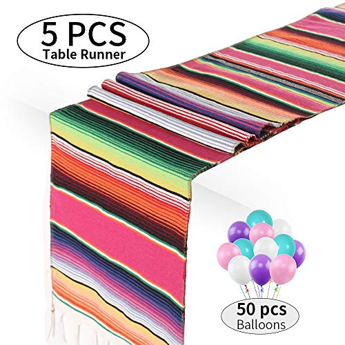 Product Cover Mexican Serape Table Runner 14 x 84 inch for Mexican Fiesta Party Wedding Decorations, Pack of 5 Fringe Cotton Table Runner with 50 Pcs Ballons
