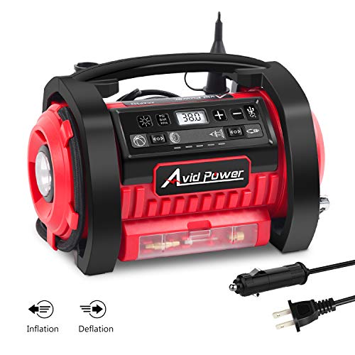 Product Cover Tire Inflator Air Compressor, 12V DC / 110V AC Dual Power Tire Pump with Inflation and Deflation Modes, Dual Powerful Motors, Digital Pressure Gauge, Avid Power