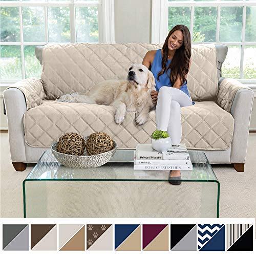 Product Cover MIGHTY MONKEY Premium Reversible Small Sofa Protector for Seat Width up to 62 Inch, Furniture Slipcover, 2 Inch Strap, Couch Slip Cover Throw for Pets, Dogs, Kids, Cats, Sofa, Beige Latte