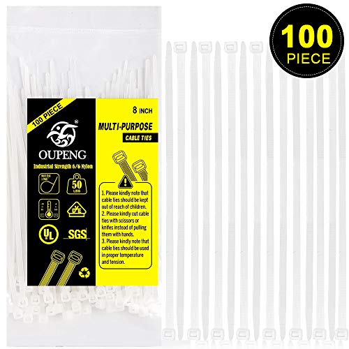 Product Cover Nylon Zip Ties Heavy Duty- 8 Inch 100 Pieces,50 Pounds Tensile Strength, Ultra Strong Plastic Wire Ties, Multi-Purpose Self Locking Cable Ties.White