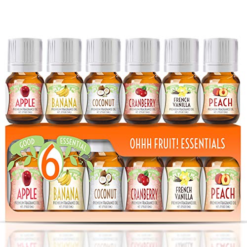 Product Cover Fragrance Oils Set of 6 Scented Oils from Good Essential - Banana Oil, Cranberry Oil, Apple Oil, Coconut Oil, French Vanilla Oil, Peach Oil: Aromatherapy, Perfume, Soaps, Candles, Slime, Lotions!
