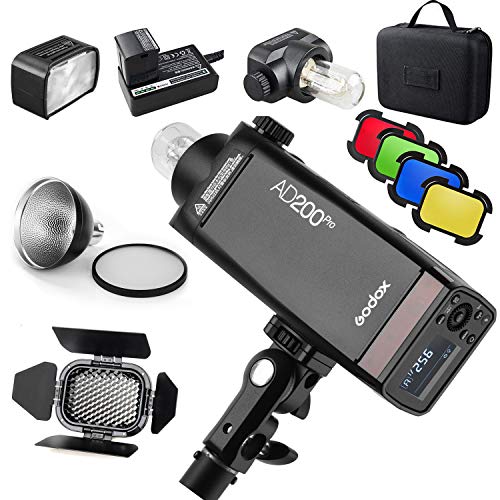 Product Cover GODOX AD200Pro AD200 Pro with BD-07 Barn Door Honeycomb Grid 4 Color Filter Kit, Standard Reflector with Soft Diffuser, 200W 2.4G Flash Strobe, 1/8000 HSS, 500 Full Power Flashes, 0.01-2.1s Recycling