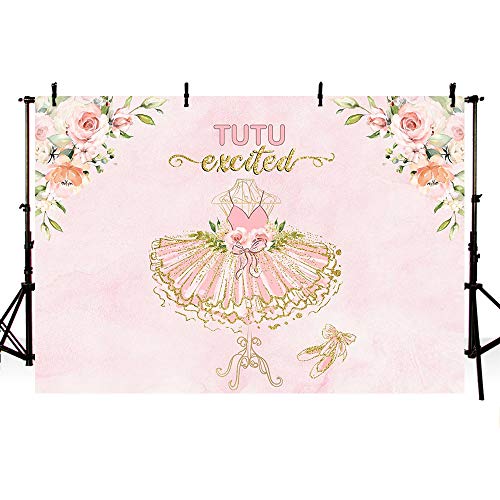 Product Cover MEHOFOTO Tutu Excited Girl Baby Shower Party Backdrop Pink Floral Gold Glitter Ballerina Birthday Photography Background Photo Booth Banner for Cake Table Supplies 7x5ft