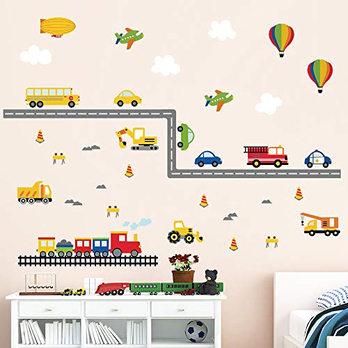 Product Cover decalmile Construction Transportation Wall Decals Car Truck Plane Boys Wall Stickers Kids Bedroom Baby Nursery Playroom Wall Decor