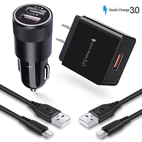 Product Cover USB C Fast Charger Set, Quick Charge 3.0 Charger kit, Dual USB Rapid Car Charger + Wall Plug with 2Pcs Type C Cable 6ft Compatible Samsung Galaxy A50/A80/S10e/S10/S9/S8, Note 10+ 10 9 8, LG Stylo 5 4