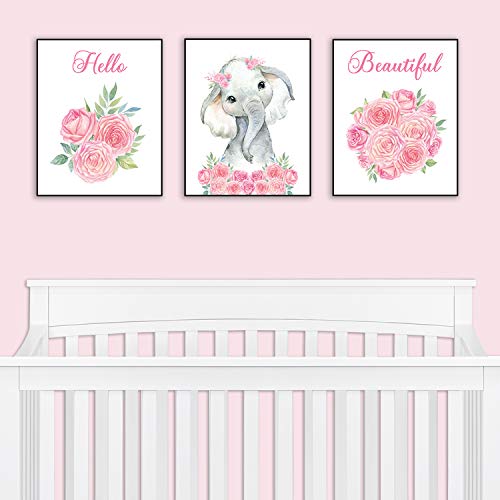 Product Cover Nursery Decor - Safari Elephant Bedroom Wall Art Decor for Nursery | Decorative & Easy to Frame Printed Pictures 8x10-inch | 3 - (UNFRAMED) Prints | Sweet Elephant Baby Girl Nursery or Girl's Bedroom