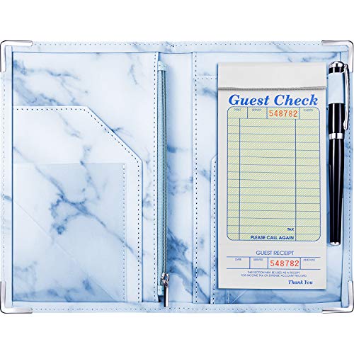 Product Cover Marble Server Books Guest Check Holders with 9 Pockets Includes Zipper Pouch with Pen Holder Fit Server Apron for Restaurant Waiter Waitress (Blue, 1 Pack)