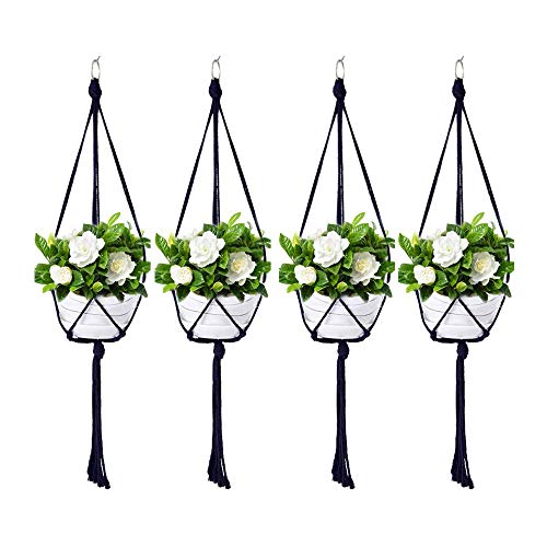 Product Cover Koytoy 4 Pcs Macrame Plant Hanger Organizer Holder Shelf Cotton Rope Hanging Planter for Small Pots Simple Style for Indoor Outdoor Home Decor 80cm/31in Black(4 PCs Small)