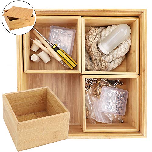 Product Cover Mebbay 5 Pack Bamboo Storage Box Organizer,Unique Design 4 Small Bamboo Boxes in A Large Bamboo Box, 100% Natural Bamboo, for Storage, Collection
