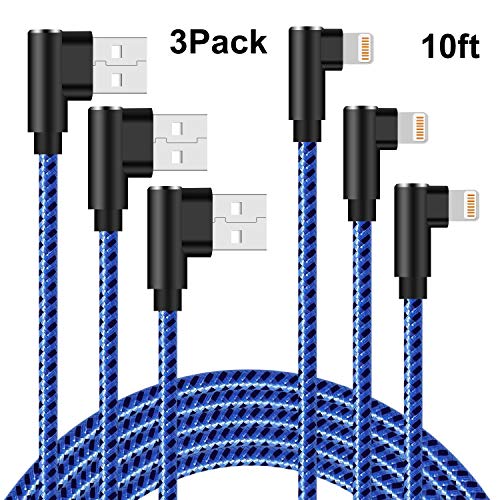 Product Cover 90 Degree iPhone Charger 10ft Lightning Cable 10ft Right Angle iPhone Charger Cable Fast Charging iPhone Cable 10ft 3 Pack Nylon Braided Charger Cord Compatible iPhone/iPad/iPod (Blue Black,10ft)