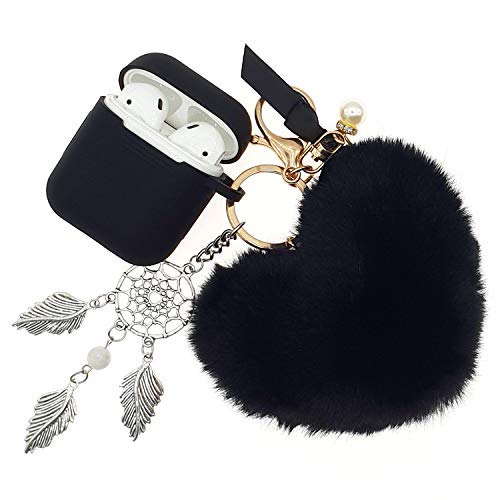 Product Cover AirPods 2/1 Silicone Skin and Cover Case Adorable Anti-Loss Replacement for Apple Headphone Charging Case 2/1 Drop Proof Airpod Case with Elegant Fluffy Heart Shaped Fur Ball Dream Catchers Keychains