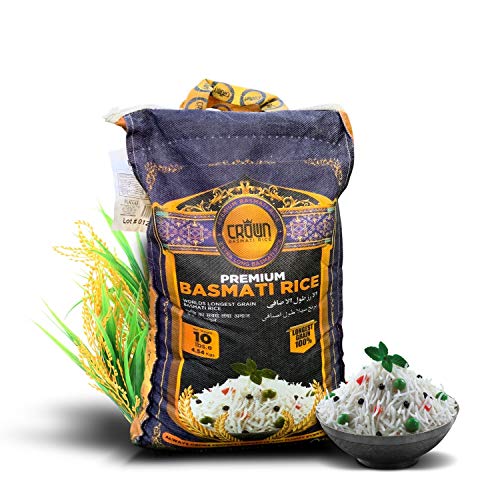 Product Cover Premium Quality Crown White Basmati Rice - White 2 Years Aged Extra lengthy Basmati Rice - 100% Authentic Extra Long Grain White Basmati Rice From the Foothills of Himalayas 10 lbs.