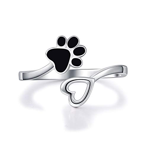 Product Cover ACJFA 925 Sterling Silver Paw Print Love Heart Ring Adjustable Wrap Open Rings Jewelry for Pet Dog Cat