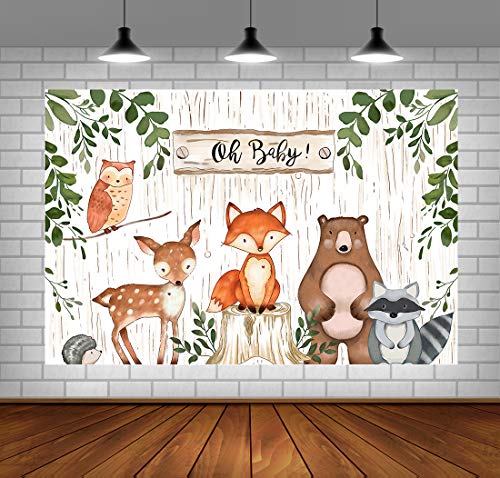 Product Cover Woodland Backdrop for Baby Shower Jungle Animals Theme Baby Shower Background Woodland Baby Shower Decorations Vinyl Woodland Background for Birthday Party 5x3ft