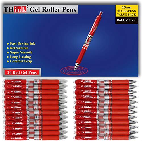 Product Cover [24 Pens - Red Ink] Think2 Retractable Gel Pens. (24 Red) Fine Point (0.5mm) Rollerball Pens with Comfort Grip.