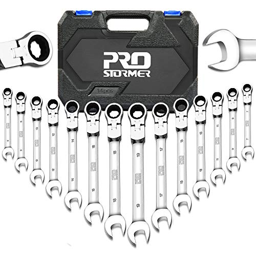 Product Cover PROSTORMER 14-Piece Flex-Head Ratcheting Wrench Set, 6-19mm Chrome Vanadium Steel Ratchet Wrenches, Metric Combination Ended Spanner Kit with Storage Case