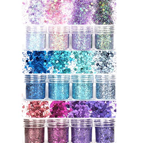 Product Cover Laza 12 Colors 4.3oz /120g Glitter Nail Art Acrylic Nails Powder Mixed Chunky Box Sequins Iridescent Flakes Ultra-thin Paillette Sparkles Tips for Cosmetic Face Eyes Body Hair - Mermaid Princess