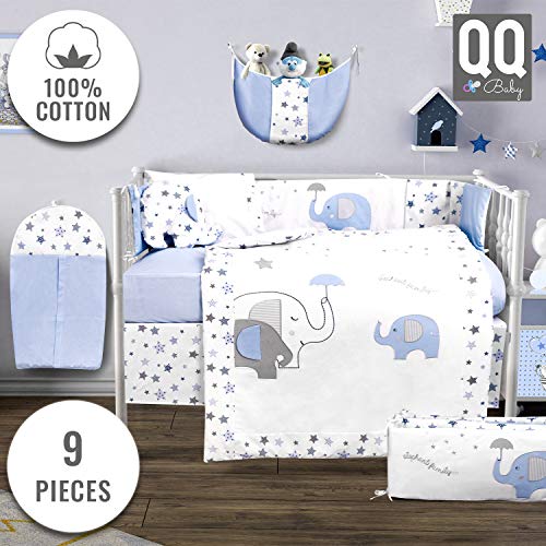 Product Cover Baby Crib Bedding Set - 100% Turkish Cotton - 9 Piece Nursery Crib Bedding Sets for Boys - Elephant Design - 4 Color Variations by QQ Baby (Blue)
