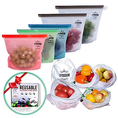 Product Cover JYDDOR Reusable Silicone Food Storage Bag (5pk) + Bonus reuseable Mesh Produce Bags - Reusable Sandwich bags| Ziplock for freezer | Zip Top Silicon Containers for Lunch Snack Fruit veggie