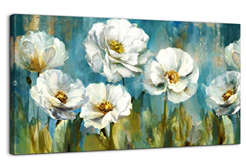 Product Cover Living Room Wall Decoration Modern Canvas Wall Art Abstract White Flower Green Theme Picture Giclee Prints Painting Wall Decor Large Framed Artwork Ready to Hang for Bedroom Home Wall Decor 20x40 Size