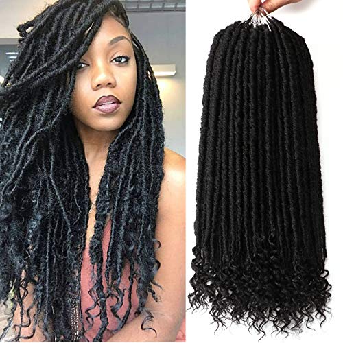 Product Cover 7 Packs Faux Locs Crochet Hair With Curly Ends 16 Inch Dreadlocs Goddess Locs Crochet Braids Synthetic Braiding Hair Extension (16 Inch, 1B#)
